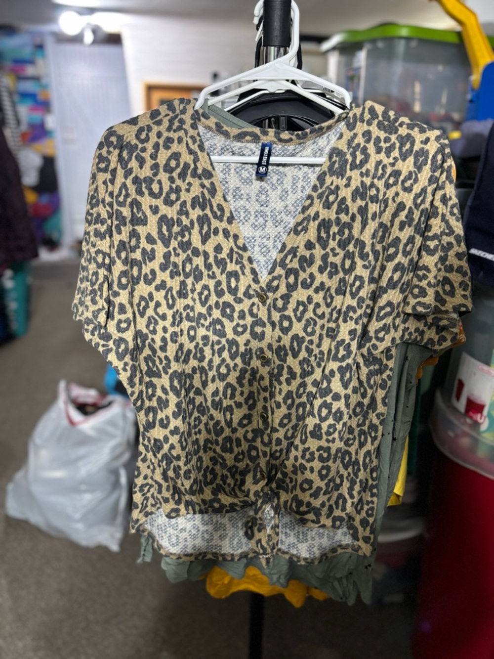 Leopard Print V-Neck Knot Front Women's Top - Beige/Black